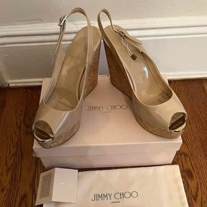 Jimmy Choo Prova Metallic Patent Leather Wedge Slingbacks